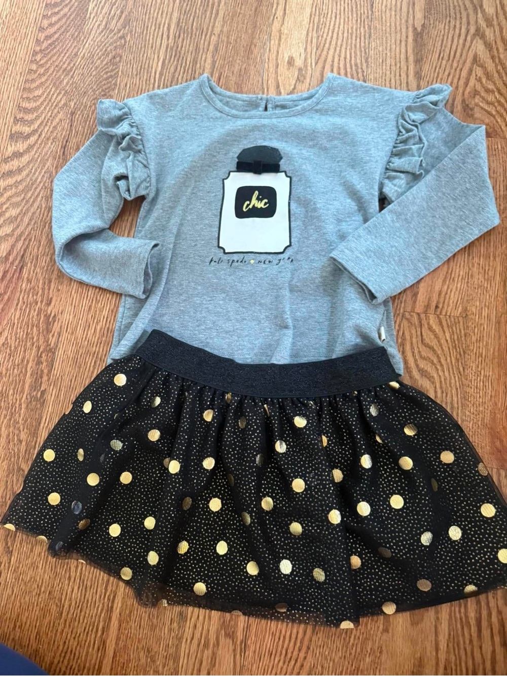 kate spade Gray Top with Black & Gold Polka Dot Skirt Kids Matching Set